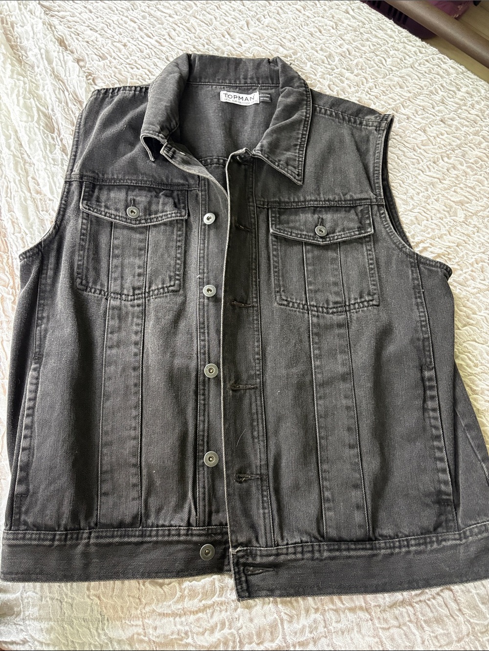 Topman Washed Charcoal Denim Sleeveless Jacket XL